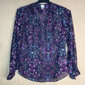 Converse One Star Womens Purple Blue Floral Pintuck Blouse Sz M Long Sleeve EUC